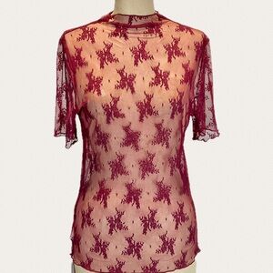 Cranberry wine sheer mesh lace top‎ short sleeve second skin layer shirt floral